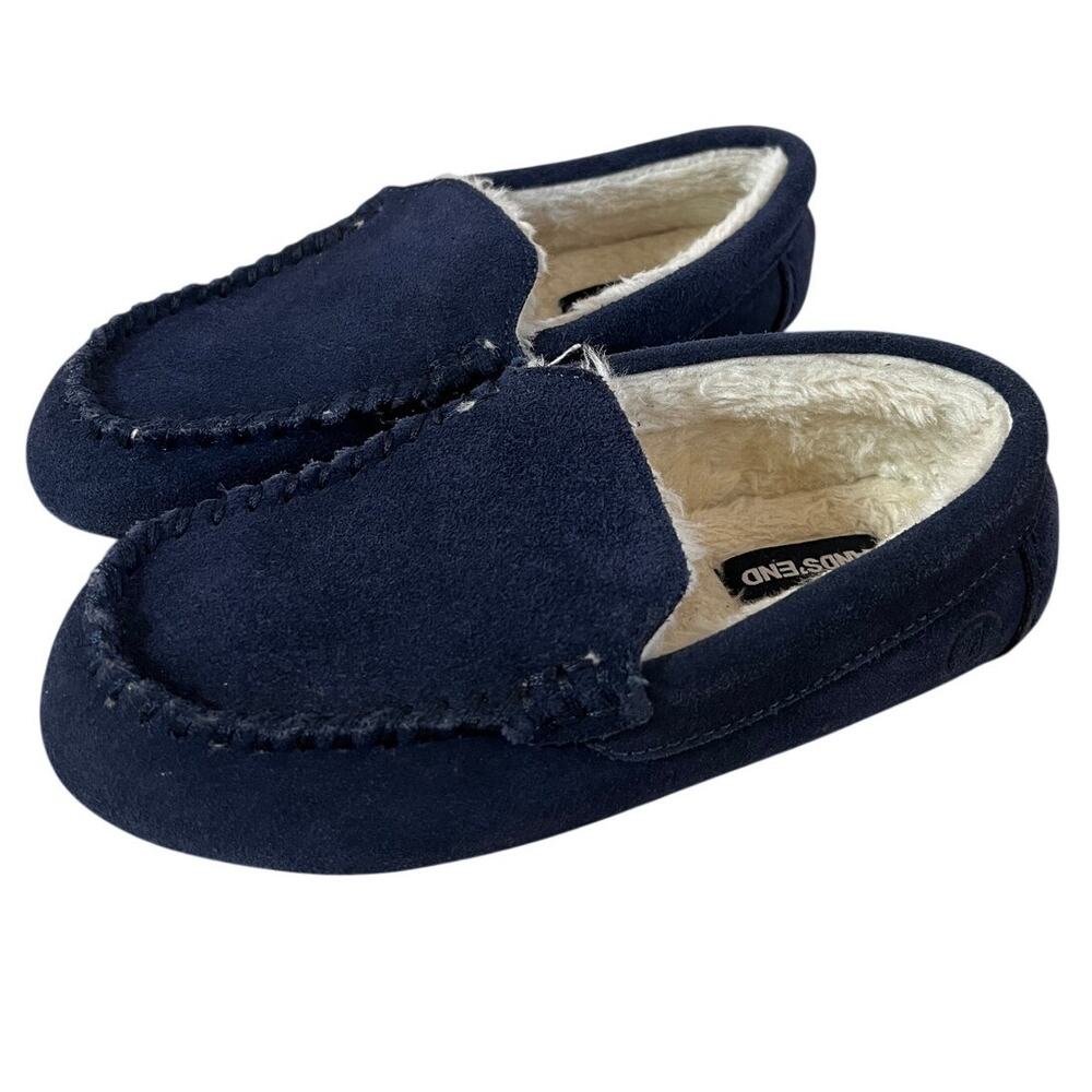 Lands' End Kids Suede Moccasin Slippers Navy Blue Size 1 Faux Fur 6-7 years old